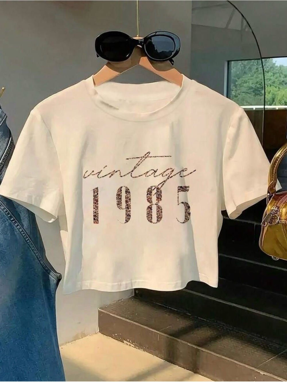 SHEIN Cream Cropped Graphic Tee with Metallic '1985' Print
